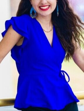 Monteau Cobalt Blue Faux Wrap Flutter Short Sleeve Blouse Size Small